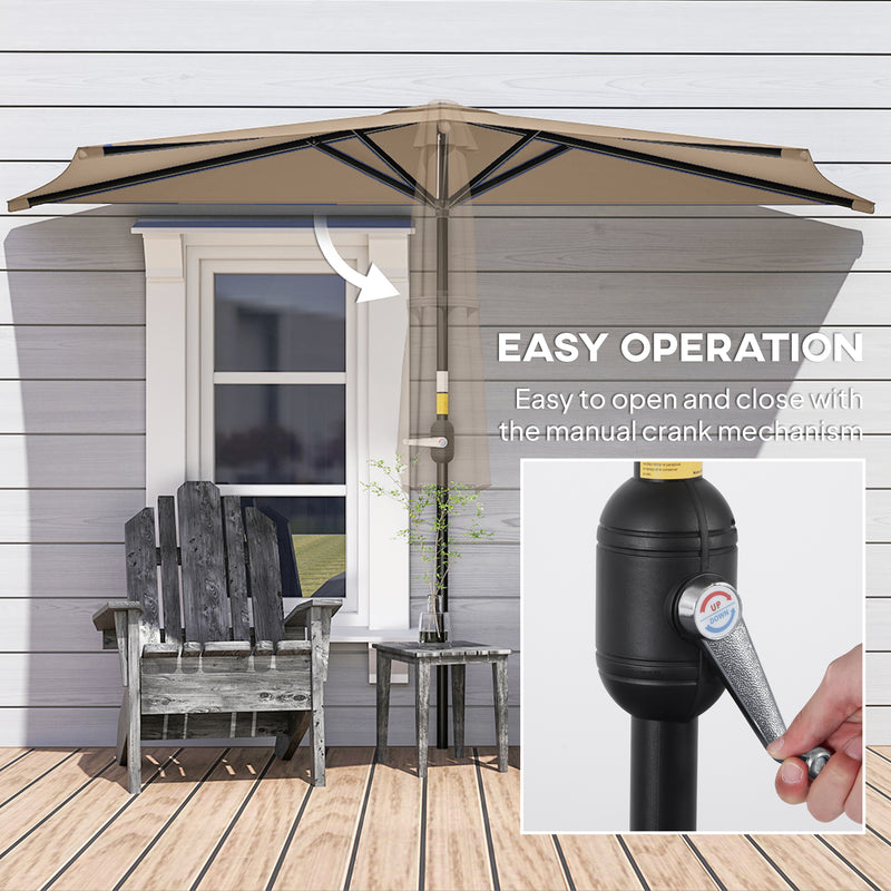 Outsunny - 9.8ft Half Umbrella Semi Round Patio Parasol with Crank Handle, Top Vent for Garden, Balcony - NO BASE INCLUDED, Coffee — 84D-008V00CF