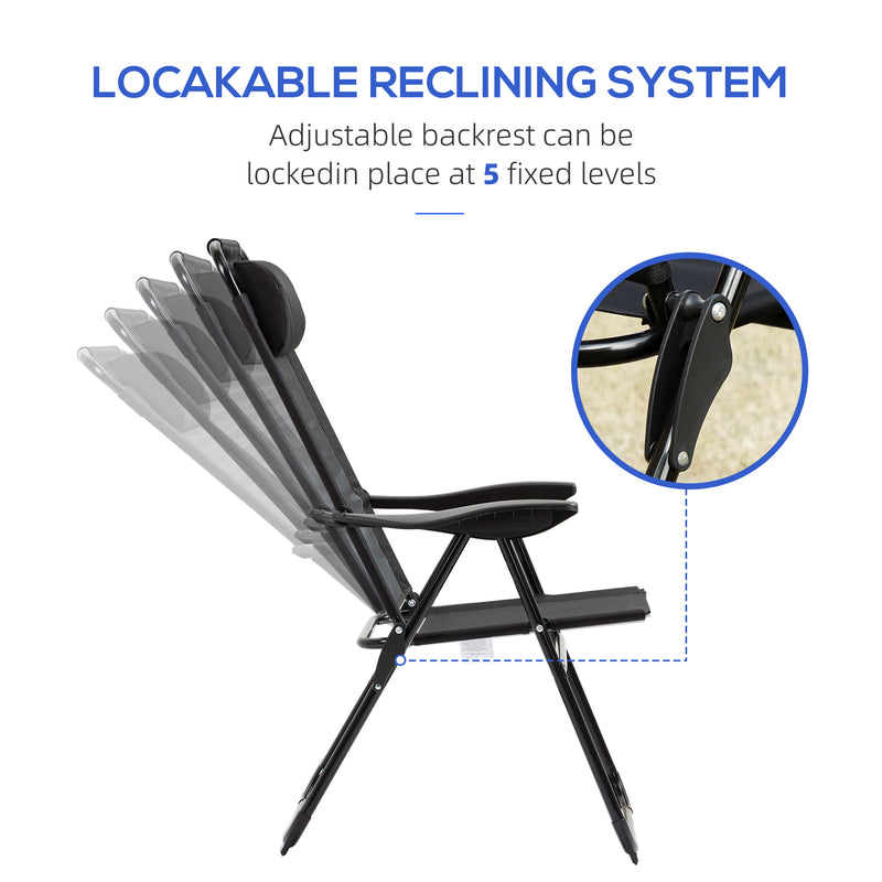 Outsunny - Set of 4 Camping Chairs, Outdoor Folding Lounge Chair Set with 5 Level Adjustable Backrest, Removable Headrest, Armrest for Camping, Backyard, Black