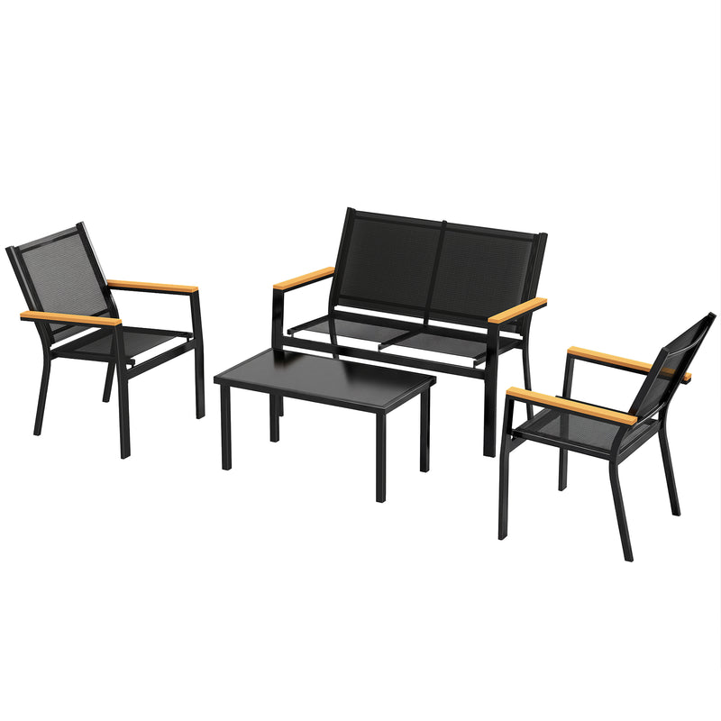 Outsunny - Outdoor 4 Piece Set Patio Furniture with Sofa, Tempered Glass Tabletop for Garden Backyard Porch, Black