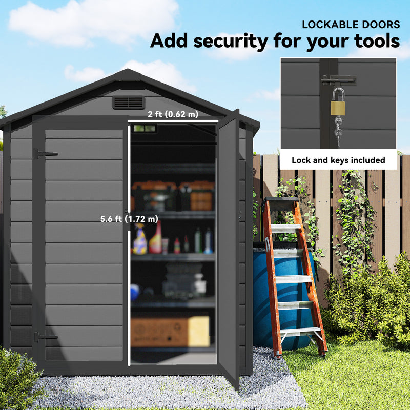 6x4.5FT Plastic Shed, Lockable Garden Tool Storage House with Double Doors and Vent, Grey