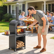 Outsunny - Outdoor Wood Fired Pizza Oven with Side Shelves and Open Cabinet, Pizza Maker on Wheels with Thermometer, Stone, Peel
