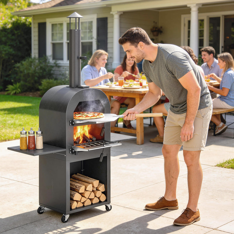 Outsunny - Outdoor Wood Fired Pizza Oven with Side Shelves and Open Cabinet, Pizza Maker on Wheels with Thermometer, Stone, Peel