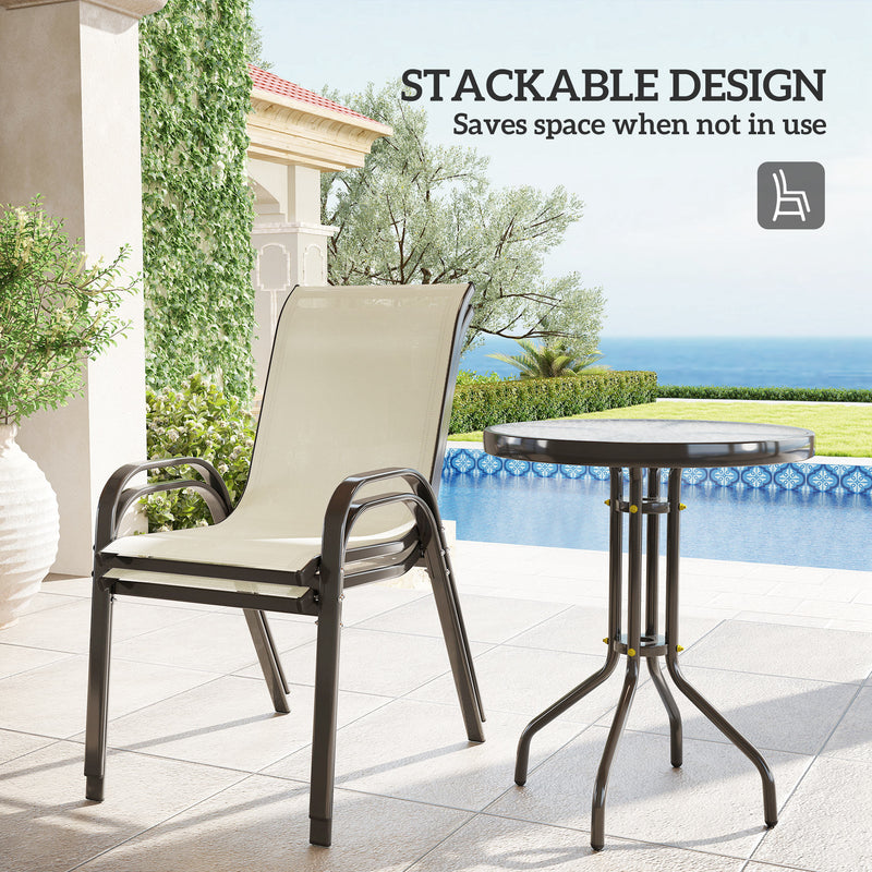 Outsunny - 3 Pieces Bistro Set, Small Patio Furniture Set with Stackable Mesh Chairs, Glass Table for Garden, Balcony, Beige