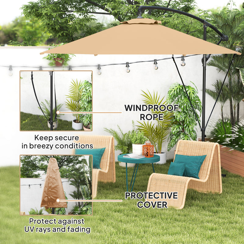 Outsunny - 9.5' Cantilever Umbrella with Wind Protection Strap and Cover, Hanging Umbrella with Crank and Cross Base, Khaki — 84D-394V00KK