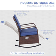 Outsunny - Outdoor Wicker Rocking Chair with Cushion, Patio PE Rattan Recliner Chair with Adjustable Footrest, Armrests, Dark Blue