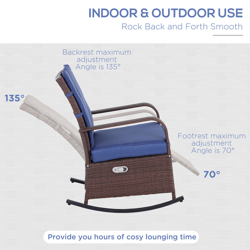 Outsunny - Outdoor Wicker Rocking Chair with Cushion, Patio PE Rattan Recliner Chair with Adjustable Footrest, Armrests, Dark Blue