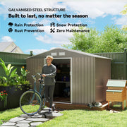 9.1'x6.4'x6.3' Garden Storage Shed w/ Foundation Kit Metal Tool Storage House w/ Double Doors Distressed Light Brown