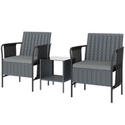 Outsunny - 3 Piece Wicker Patio Furniture Set, Outdoor Bistro Set, Side Pockets, Mesh Seat, 2 Tier Glass Table, Cushions, Grey