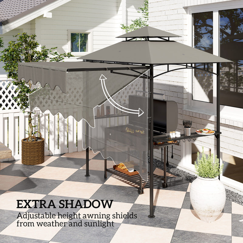 Outsunny - 8' x 7.6' Grill Gazebo, Double Tiered Barbecue Grill Gazebo Shelter w/ Side Awning, 2 Side Shelves, 6 Hooks, Light Grey