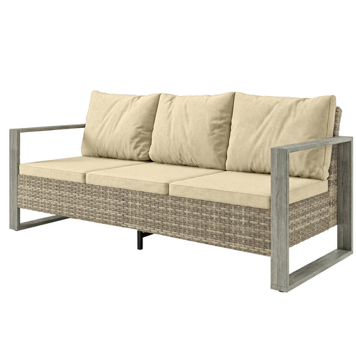 Outsunny - 3-Seater Outdoor Couch, PE Wicker Patio Sofa with Deep Seat, Wood-Effect Aluminum Armrests, Cushions, Khaki