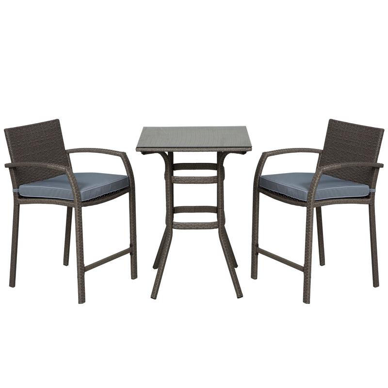 Outsunny - 3 Pieces Patio Bar Set Wicker Garden Bistro Set Outdoor Furniture PE Rattan Table and Stools with Seat Cushion, Grey