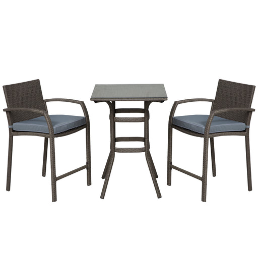 Outsunny - 3 Pieces Patio Bar Set Wicker Garden Bistro Set Outdoor Furniture PE Rattan Table and Stools with Seat Cushion, Grey