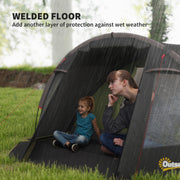 Outsunny - 2-4 Man Camping Tent, 3000mm Waterproof Tunnel Tent with 2 Rooms, Sewn-in Groundsheet, 3 Doors and Hook