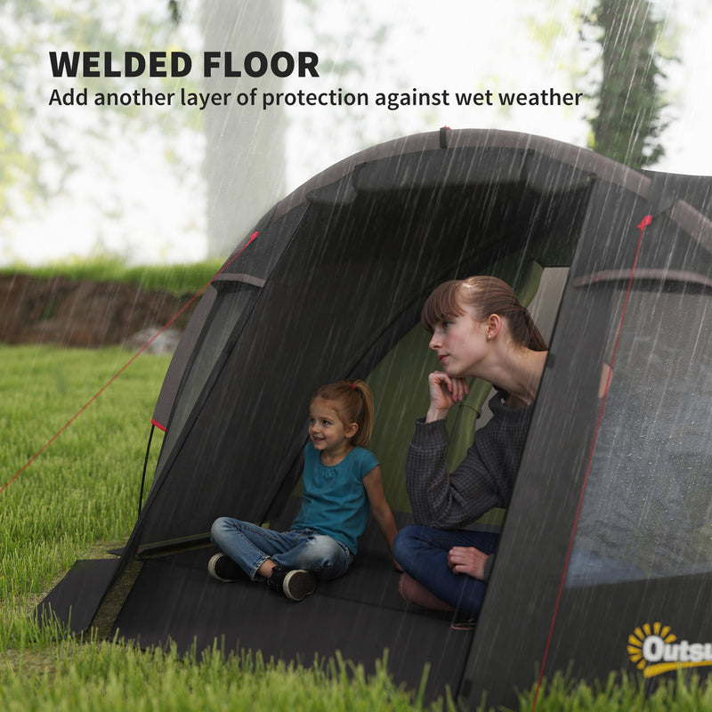 Outsunny - 2-4 Man Camping Tent, 3000mm Waterproof Tunnel Tent with 2 Rooms, Sewn-in Groundsheet, 3 Doors and Hook
