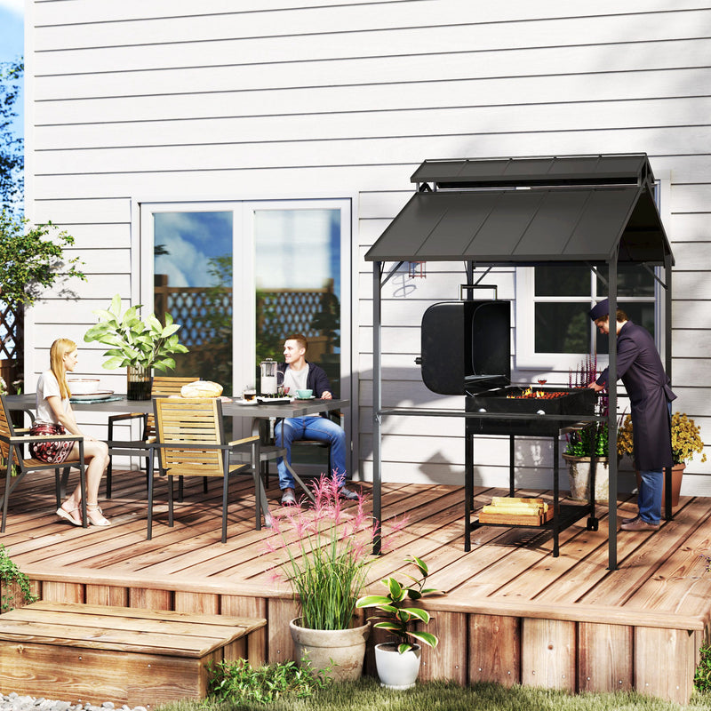 Outsunny - 8 x 5ft Hardtop Grill Gazebo with Double Metal Roof, 2 Side Shelves and 10 Hooks for Patio Backyard Lawn Deck