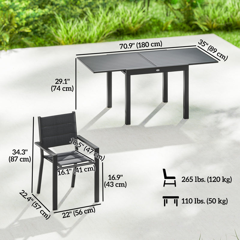 Outsunny - Patio Dining Set for 6, Aluminum Expandable Outdoor Table and 6 Stackable Chairs with Padded Back, Mesh Seat, Black