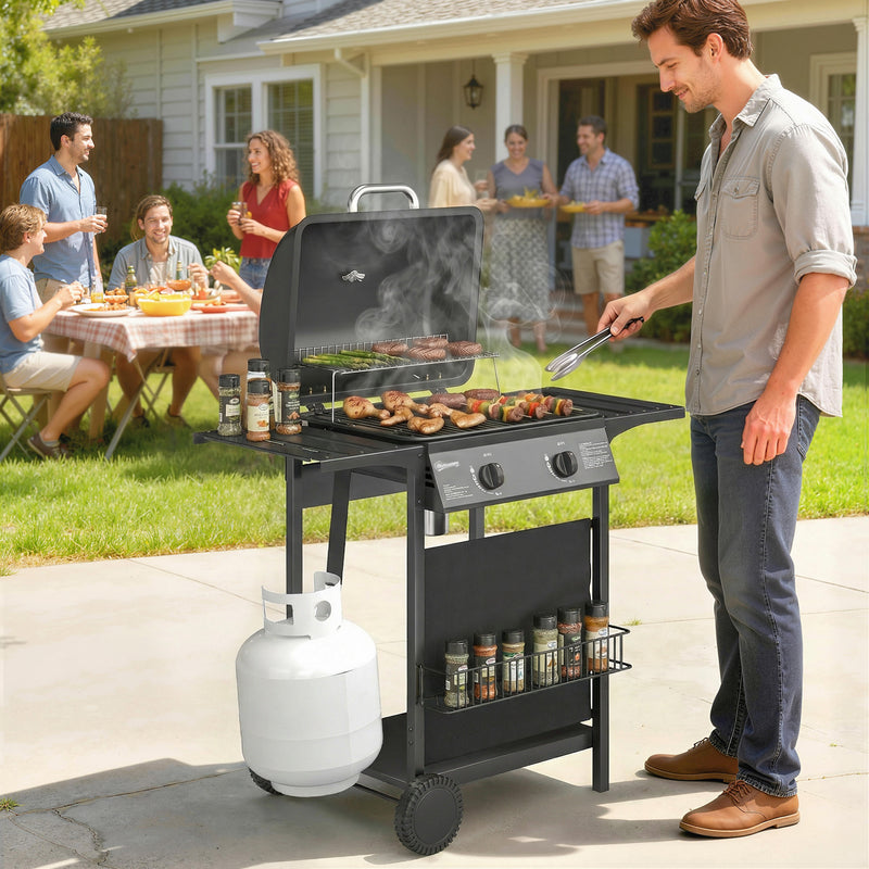 Outsunny - 2-Burner Propane Gas Grill, 18000 BTU BBQ Grill with Wheels, Warming Rack, Shelf, Thermometer, Grease Cup, Black