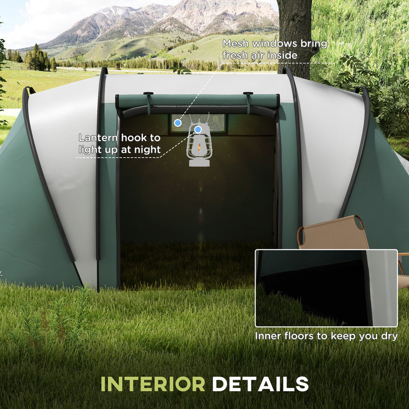 Outsunny - Camping Tent with 2 Bedrooms and Living Area, 3000mm Waterproof Family Tent, for Fishing Hiking Festival, Army Green