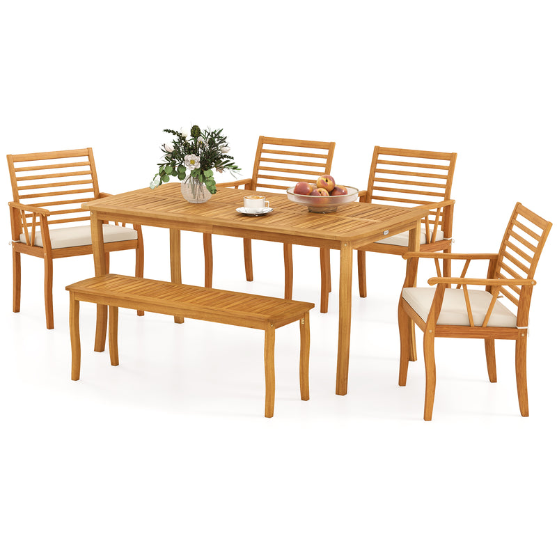 Costway - Acacia Wood Outdoor Table and Bench Chairs Set with 1.97 Inch Umbrella Hole