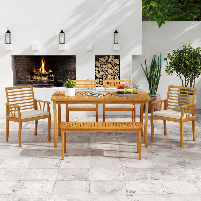 Costway - Acacia Wood Outdoor Table and Bench Chairs Set with 1.97 Inch Umbrella Hole