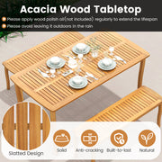 Costway - Acacia Wood Outdoor Table and Bench Chairs Set with 1.97 Inch Umbrella Hole