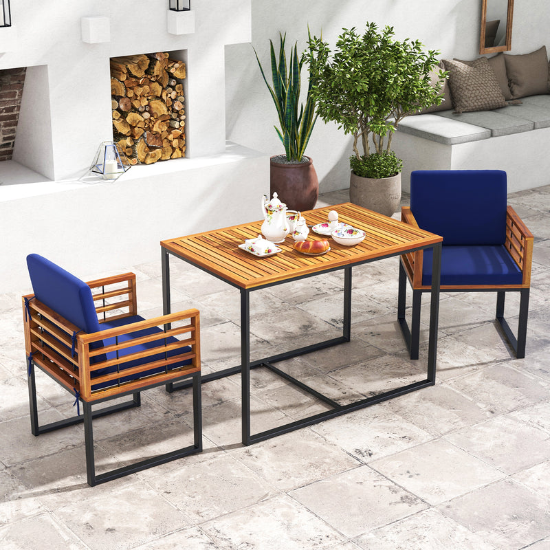 Costway - Acacia Wood Outdoor Dining Chairs Set of 2 with Soft Cushions-Navy