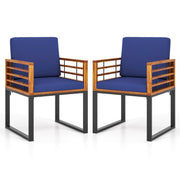 Costway - Acacia Wood Outdoor Dining Chairs Set of 2 with Soft Cushions-Navy