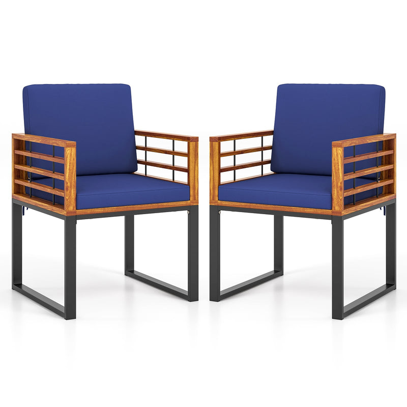 Costway - Acacia Wood Outdoor Dining Chairs Set of 2 with Soft Cushions-Navy