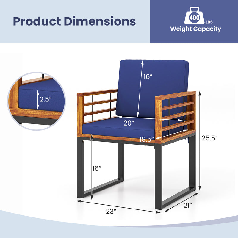 Costway - Acacia Wood Outdoor Dining Chairs Set of 2 with Soft Cushions-Navy