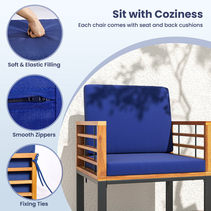 Costway - Acacia Wood Outdoor Dining Chairs Set of 2 with Soft Cushions-Navy