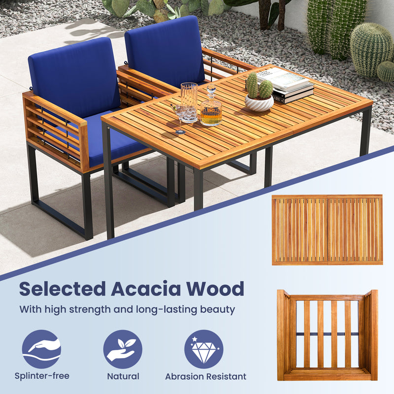Costway - Acacia Wood Outdoor Dining Chairs Set of 2 with Soft Cushions-Navy