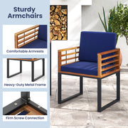 Costway - Acacia Wood Outdoor Dining Chairs Set of 2 with Soft Cushions-Navy