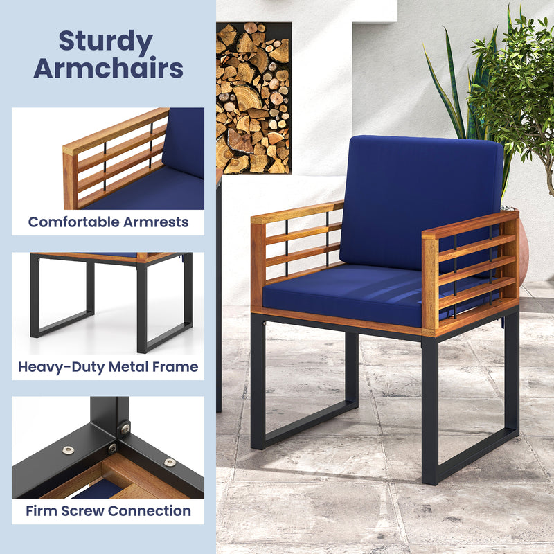 Costway - Acacia Wood Outdoor Dining Chairs Set of 2 with Soft Cushions-Navy