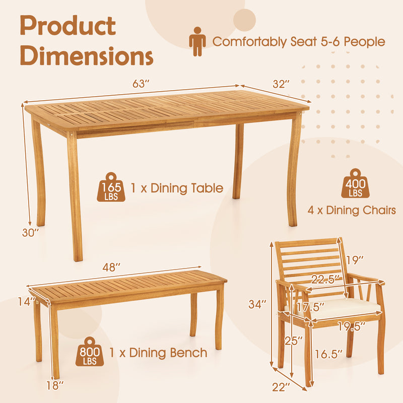 Costway - Acacia Wood Outdoor Table and Bench Chairs Set with 1.97 Inch Umbrella Hole