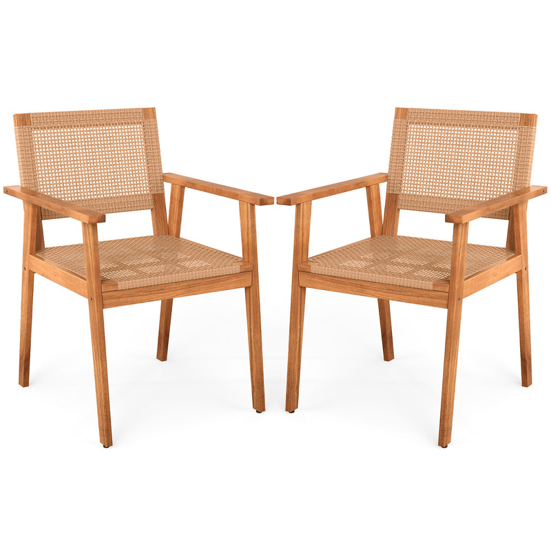 Costway - Acacia Wood Outdoor Dining Chairs Set of 2 PE Rattan Patio Chairs with Backrests and Armrests