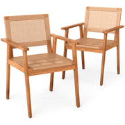 Costway - Acacia Wood Outdoor Dining Chairs Set of 2 PE Rattan Patio Chairs with Backrests and Armrests