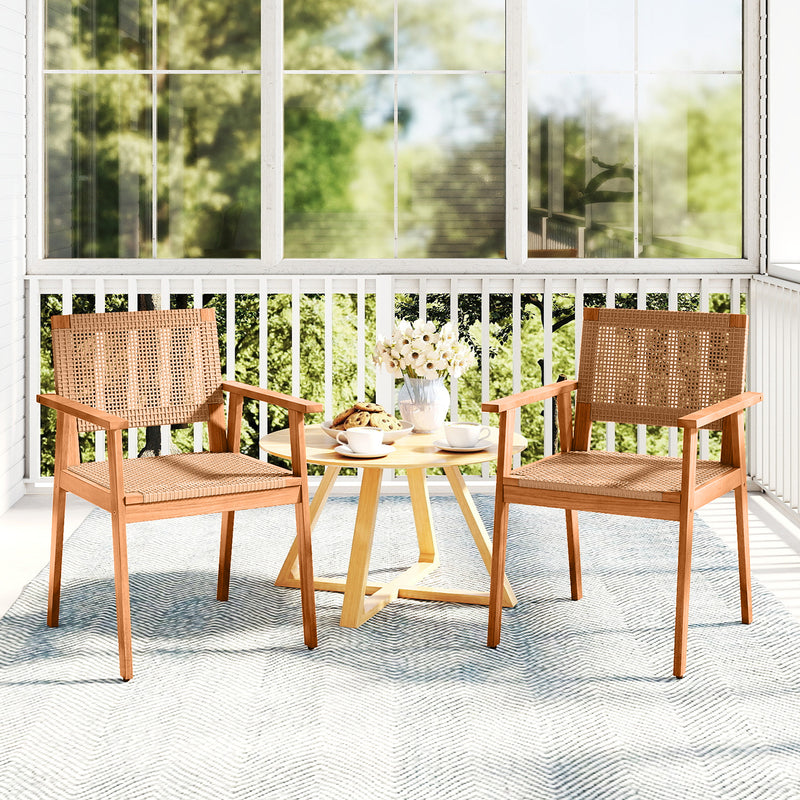 Costway - Acacia Wood Outdoor Dining Chairs Set of 2 PE Rattan Patio Chairs with Backrests and Armrests