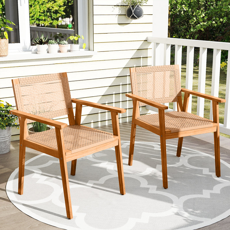 Costway - Acacia Wood Outdoor Dining Chairs Set of 2 PE Rattan Patio Chairs with Backrests and Armrests