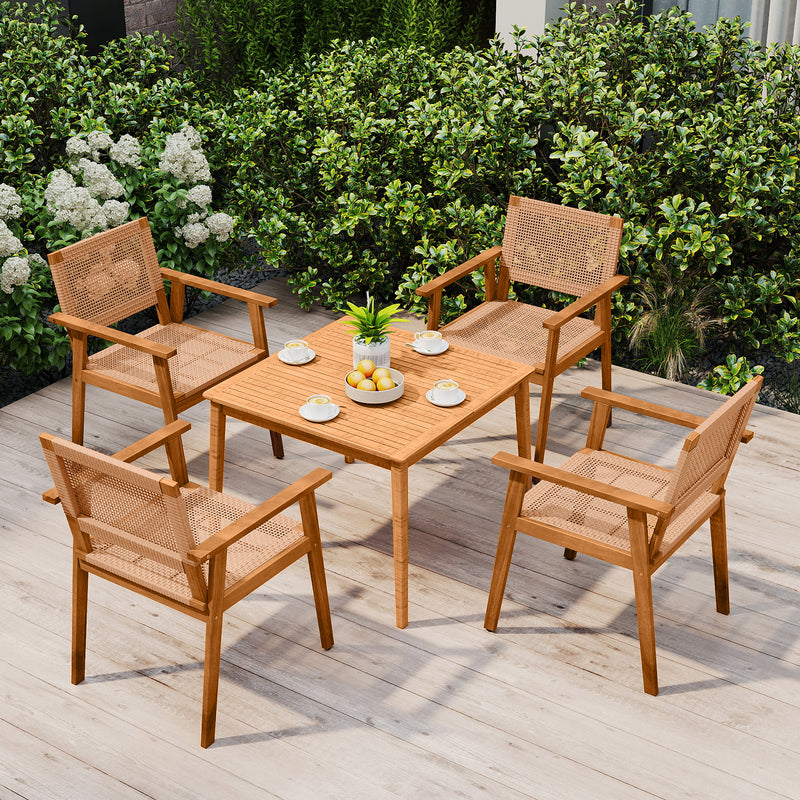 Costway - Acacia Wood Outdoor Dining Chairs Set of 2 PE Rattan Patio Chairs with Backrests and Armrests