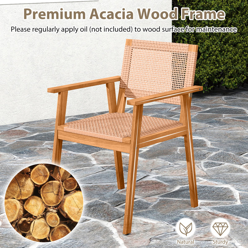 Costway - Acacia Wood Outdoor Dining Chairs Set of 2 PE Rattan Patio Chairs with Backrests and Armrests