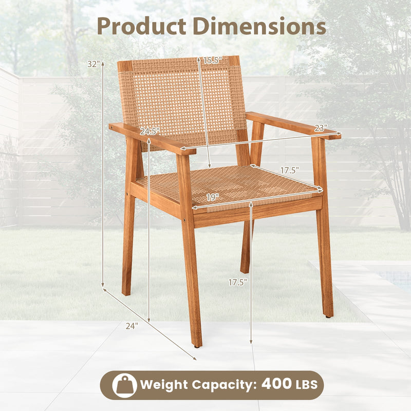 Costway - Acacia Wood Outdoor Dining Chairs Set of 2 PE Rattan Patio Chairs with Backrests and Armrests
