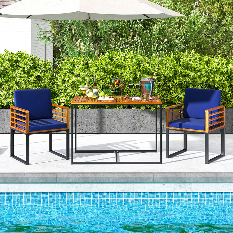 Costway - Acacia Wood Patio Dining Table with Metal Frame-Navy