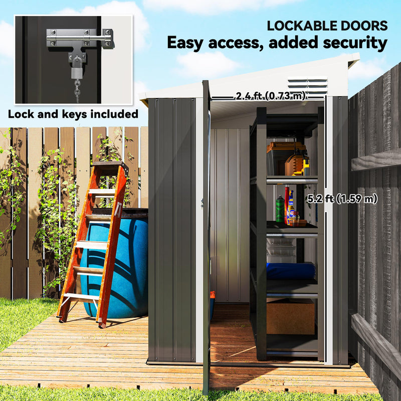 4' x 8' Outdoor Storage Shed Lean to Shed Outdoor Metal Tool Shed with Lockable Door and Air Vents, Dark Grey
