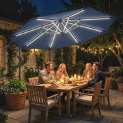 10 ft Offset Patio Umbrella with Solar Light, Garden Hanging Parasol with 360° Rotation, Tilt, Cover, Navy Blue