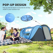 Outsunny - 4 Person Camping Tent, Easy Pop Up Tent with Doors, Windows and Carry Bag, Automatic Setup Tent for Hiking, Blue