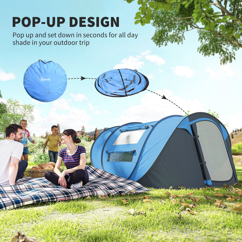 Outsunny - 4 Person Camping Tent, Easy Pop Up Tent with Doors, Windows and Carry Bag, Automatic Setup Tent for Hiking, Blue