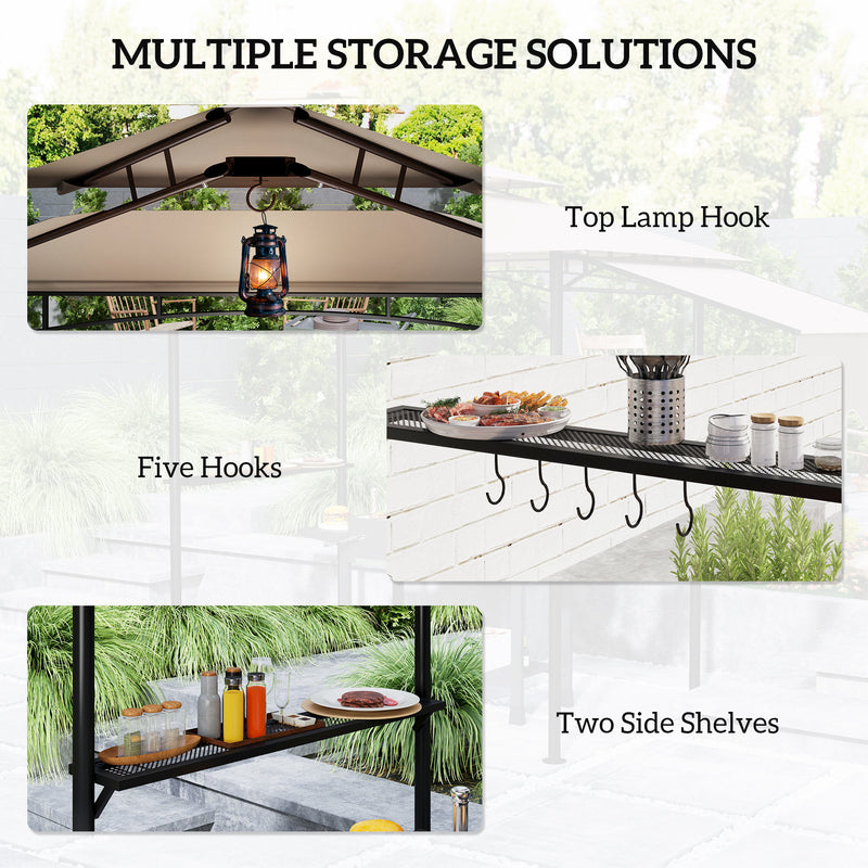 Outsunny - 8' x 5' Grill Gazebo, Double Tiered Barbecue Grill Gazebo Shelter with Side Awning, 2 Side Shelves, 6 Hooks, Khaki