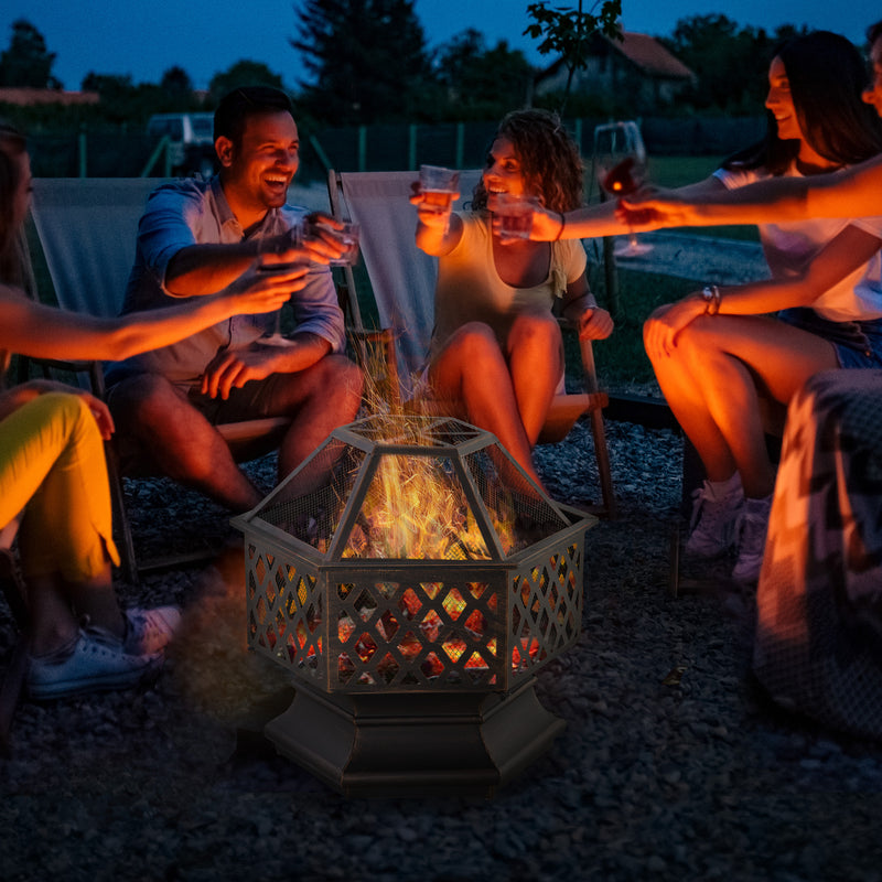 Outsunny - 24.5" Outdoor Fire Pit with Mesh Lid, Portable Wood Burning Firebowl with Poker for Patio, Backyard, Bronze