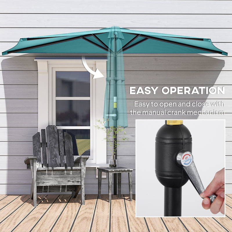 Outsunny - 9.8ft Half Umbrella Semi Round Patio Parasol with Crank Handle, Top Vent for Garden, Balcony - NO BASE INCLUDED, Light Blue — 84D-008V00LB
