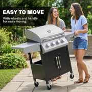 Outsunny - 4+1 Burner Liquid Propane Gas Grill, Outdoor Portable BBQ Grill with Side Burner, Warming Rack, Side Shelf